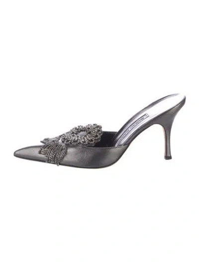 Pre-owned Manolo Blahnik Leather Crystal Embellishments Mules In Gray