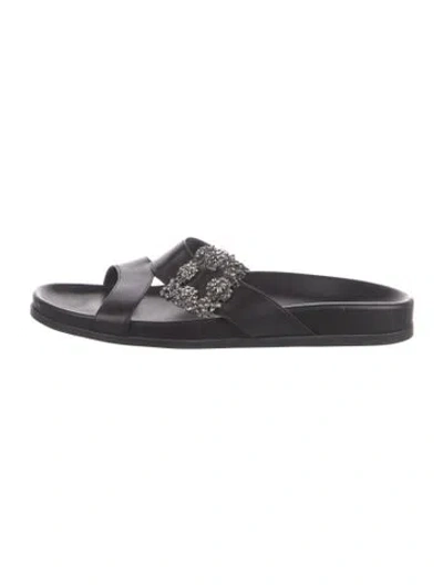 Pre-owned Manolo Blahnik Leather Crystal Embellishments Slides In Black
