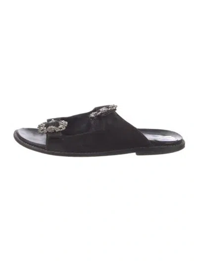 Pre-owned Manolo Blahnik Leather Crystal Embellishments Slides In Black