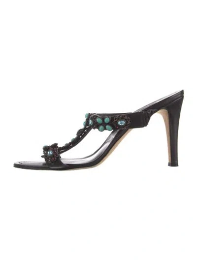 Pre-owned Manolo Blahnik Leather Crystal Embellishments Slides In Brown