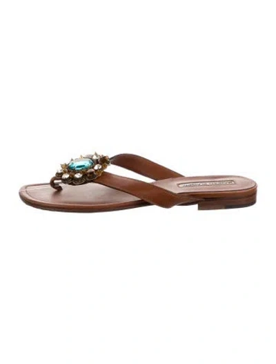 Pre-owned Manolo Blahnik Leather Crystal Embellishments Slides In Brown