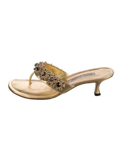 Pre-owned Manolo Blahnik Leather Crystal Embellishments Slides In Gold