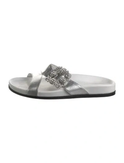 Pre-owned Manolo Blahnik Leather Crystal Embellishments Slides In Silver