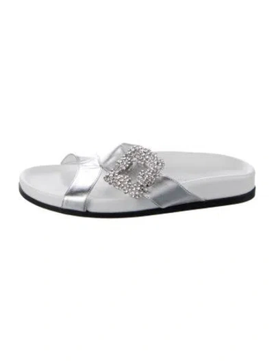 Pre-owned Manolo Blahnik Leather Crystal Embellishments Slides In Silver/white