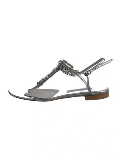 Pre-owned Manolo Blahnik Leather Crystal Embellishments T-strap Sandals In Silver