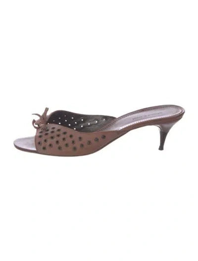 Pre-owned Manolo Blahnik Leather Eyelet Trim Slides In Brown