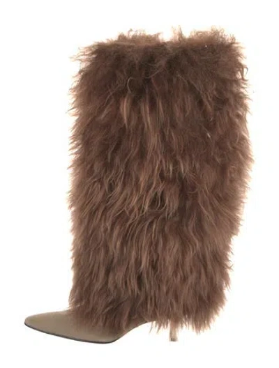 Pre-owned Manolo Blahnik Leather Faux Fur Trim Boots In Brown