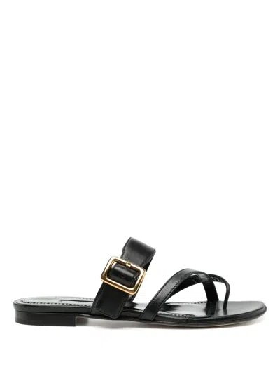 Manolo Blahnik Leather Flat Sandals In Black