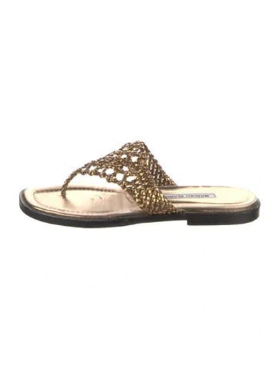 Pre-owned Manolo Blahnik Leather Flip Flops In Gold/metallic