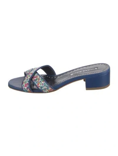Pre-owned Manolo Blahnik Leather Floral Print Mules In Blue