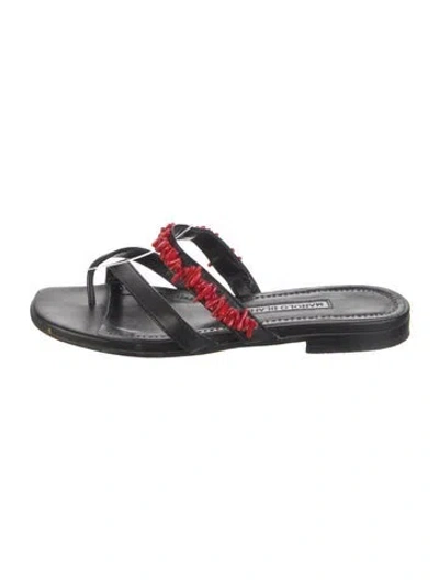 Pre-owned Manolo Blahnik Leather Floral Print Slides In Black