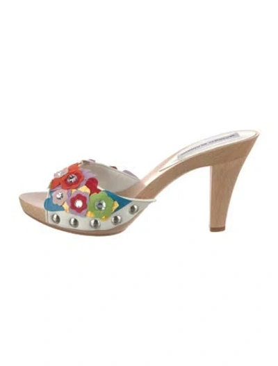 Pre-owned Manolo Blahnik Leather Floral Print Slides In Neutrals