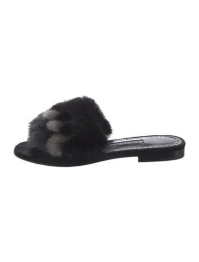Pre-owned Manolo Blahnik Leather Fur Trim Slides In Black