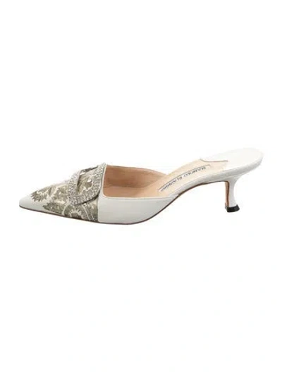 Pre-owned Manolo Blahnik Leather Graphic Print Mules In White