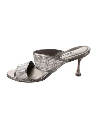 Pre-owned Manolo Blahnik Leather Houndstooth Print Slides In Brown