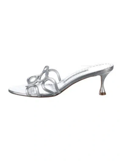 Pre-owned Manolo Blahnik Leather Lasercut Accents Slides In Silver