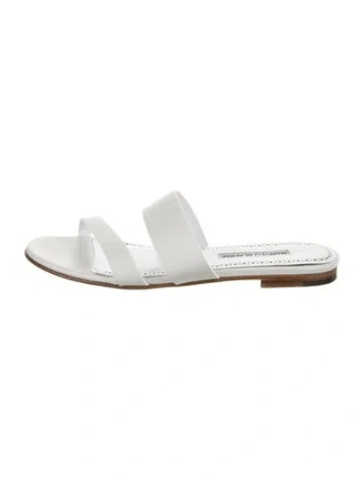 Pre-owned Manolo Blahnik Leather Lasercut Accents Slides In White