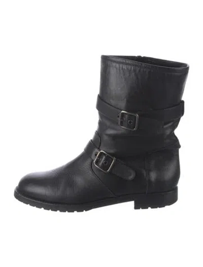 Pre-owned Manolo Blahnik Leather Leather Trim Embellishment Moto Boots In Black