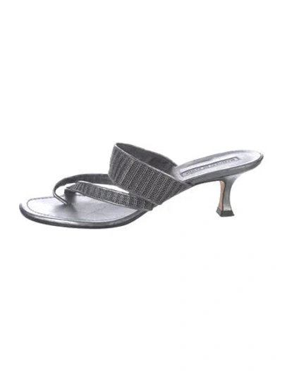 Pre-owned Manolo Blahnik Leather Mesh Accents Slides In Silver