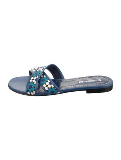Pre-owned Manolo Blahnik Leather Patterned Slides In Blue