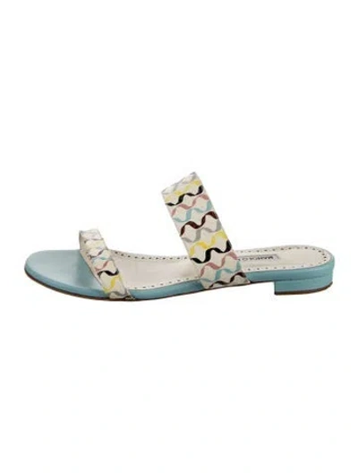Pre-owned Manolo Blahnik Leather Patterned Slides In Blue