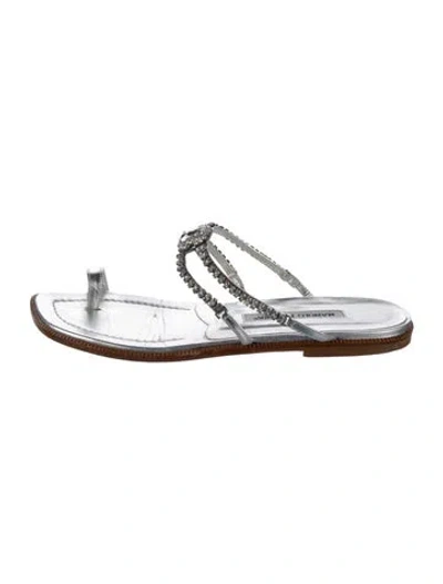 Pre-owned Manolo Blahnik Leather Patterned Slides In Silver