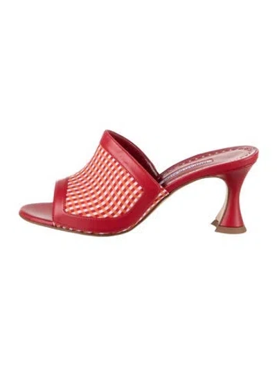 Pre-owned Manolo Blahnik Leather Plaid Print Slides In Red