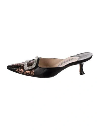 Pre-owned Manolo Blahnik Leather Printed Mules In Black