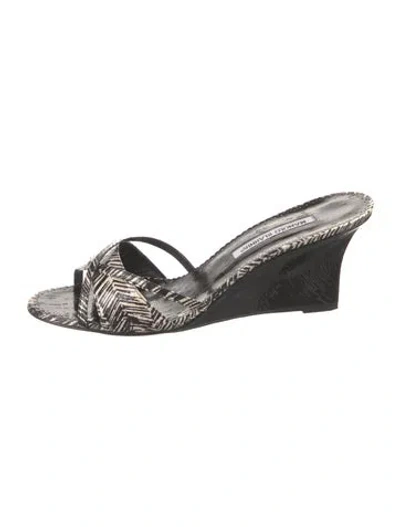 Pre-owned Manolo Blahnik Leather Printed Slides In Black