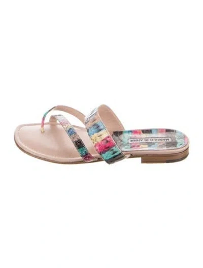 Pre-owned Manolo Blahnik Leather Printed Slides In Pink