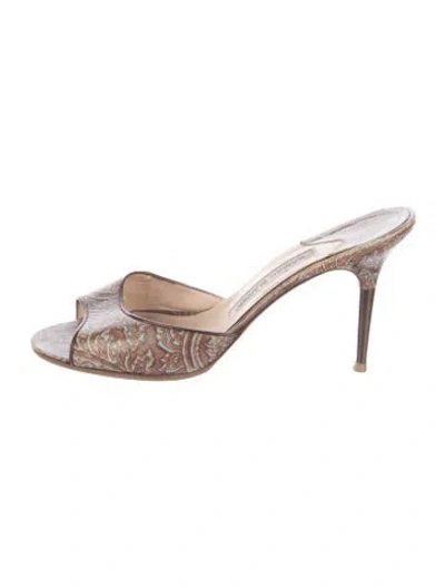 Pre-owned Manolo Blahnik Leather Printed Slides In Silver