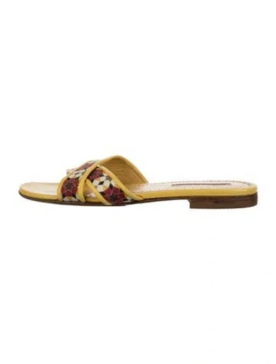 Pre-owned Manolo Blahnik Leather Printed Slides In Yellow
