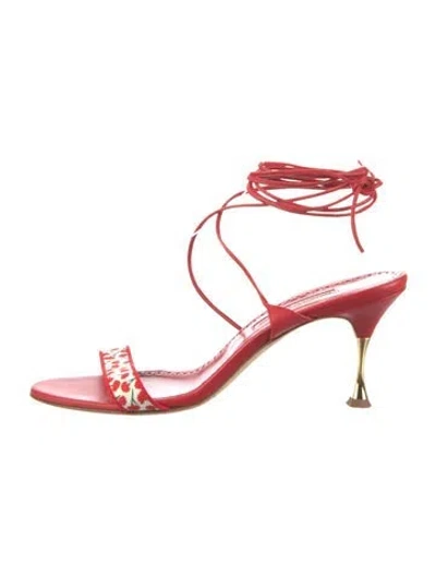 Pre-owned Manolo Blahnik Leather Printed T-strap Pumps In Red