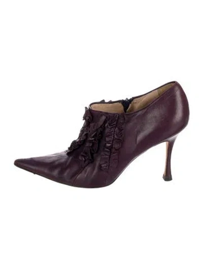 Pre-owned Manolo Blahnik Leather Ruffle Embellishment Lace-up Boots In Burgundy