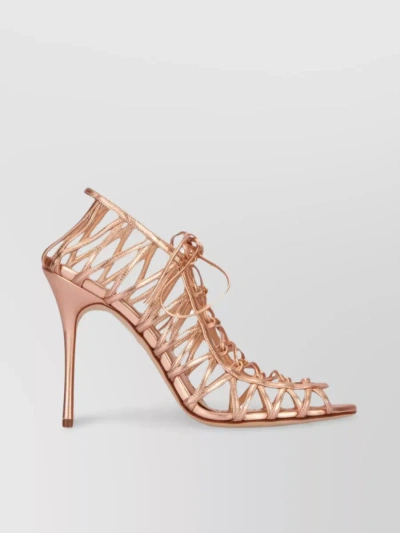 Manolo Blahnik Leather Sandals With Strappy Design And Stiletto Heel In Cream