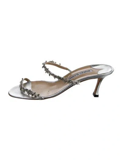 Pre-owned Manolo Blahnik Leather Slides In Silver
