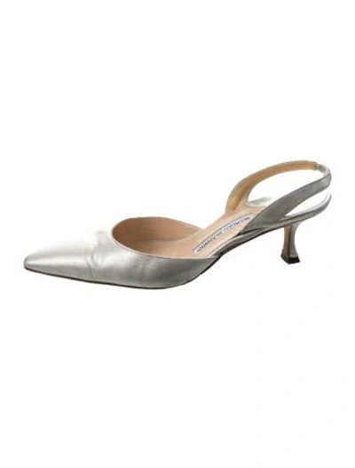 Pre-owned Manolo Blahnik Leather Slingback Flats In Silver