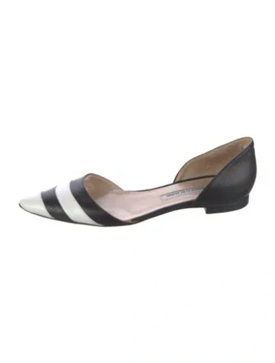Pre-owned Manolo Blahnik Leather Striped D'orsay Flats In Black