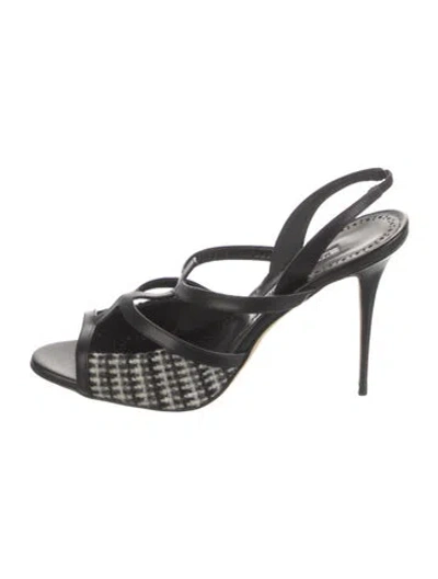 Pre-owned Manolo Blahnik Leather Striped Slingback Sandals In Black