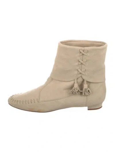 Pre-owned Manolo Blahnik Leather Tassel Accents Moto Boots In Neutral
