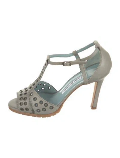 Pre-owned Manolo Blahnik Leather T-strap Sandals In Green