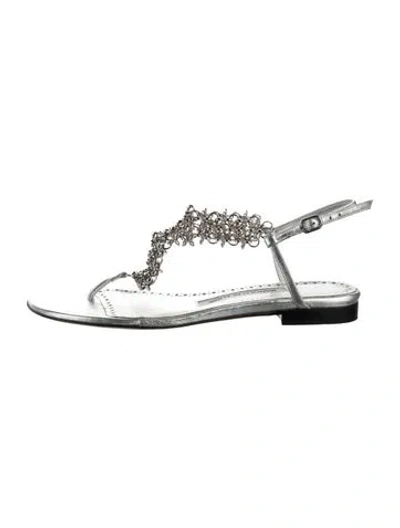 Pre-owned Manolo Blahnik Leather T-strap Sandals In White