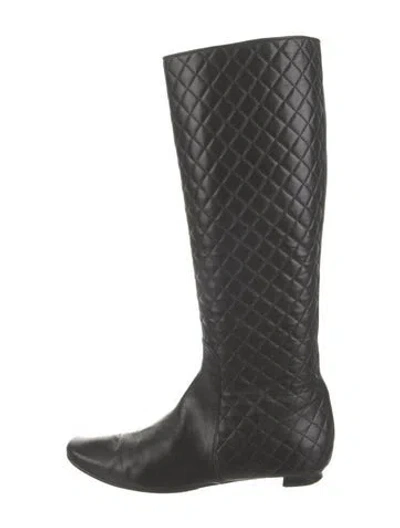 Pre-owned Manolo Blahnik Leather Tweed Pattern Boots In Black