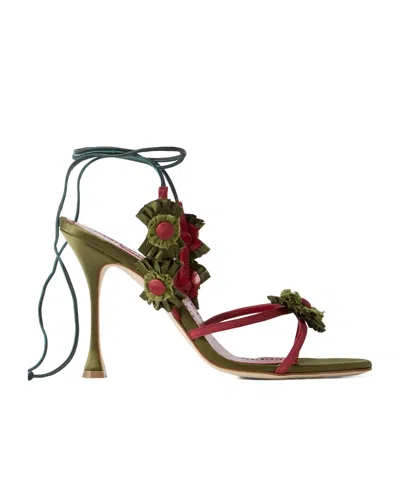 Manolo Blahnik Palissot Leather-trimmed Appliquéd Grosgrain And Satin Sandals In Gray
