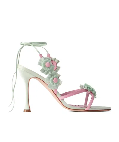Manolo Blahnik Palissot Leather-trimmed Appliquéd Grosgrain And Satin Sandals In Green