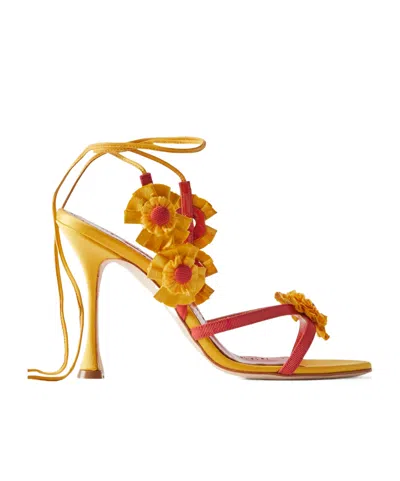 Manolo Blahnik Palissot Leather-trimmed Appliquéd Grosgrain And Satin Sandals In Yellow