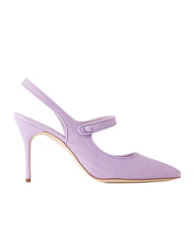 Manolo Blahnik Camparisli 90 Leather-trimmed Raffia Mary Jane Slingback Pumps In Purple
