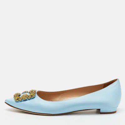 Pre-owned Manolo Blahnik Light Blue Satin Hangisi Ballet Flats Size 39