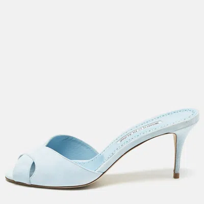 Pre-owned Manolo Blahnik Light Blue Suede Mumbimu Slide Sandals Size 38.5