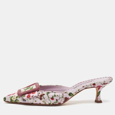 Pre-owned Manolo Blahnik Light Purple Floral Print Satin Maysalebi Mules Size 38.5